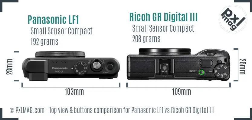 Panasonic LF1 vs Ricoh GR Digital III top view buttons comparison Panasonic LF1 vs Ricoh GR Digital III top view buttons comparison
