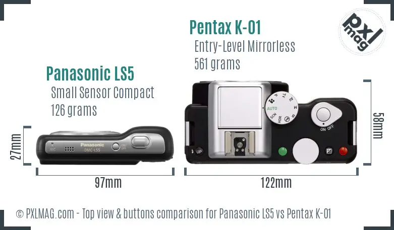 Panasonic LS5 vs Pentax K-01 top view buttons comparison