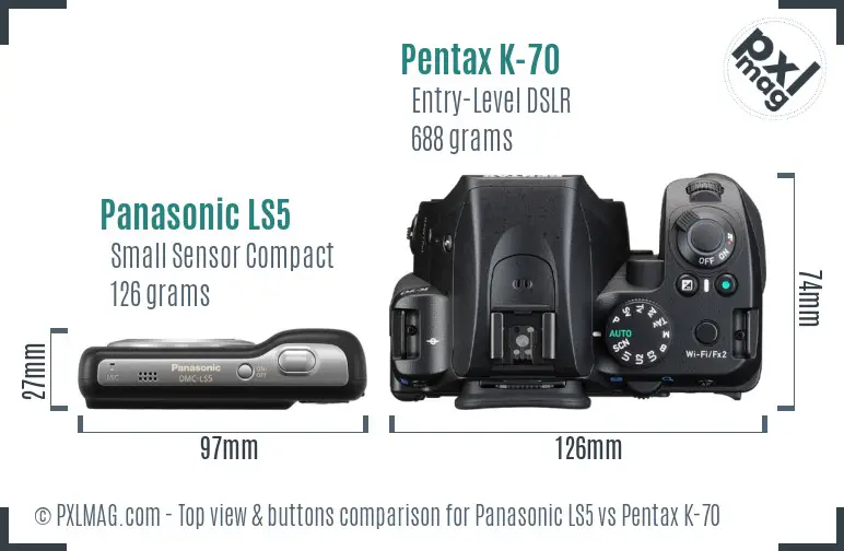 Panasonic LS5 vs Pentax K-70 top view buttons comparison