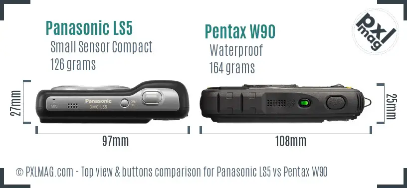 Panasonic LS5 vs Pentax W90 top view buttons comparison