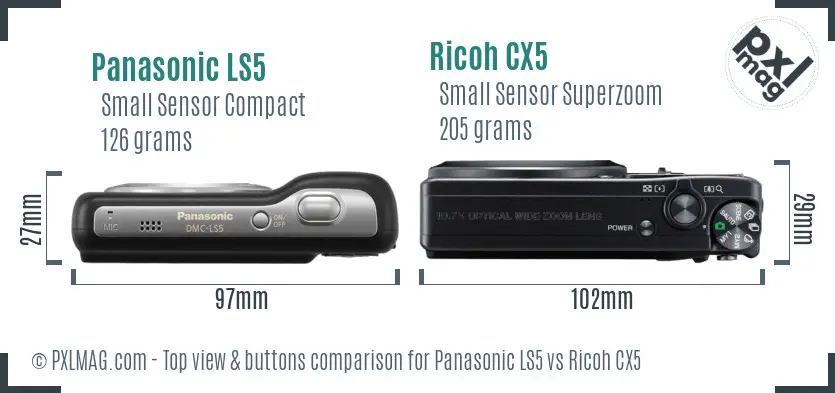 Panasonic LS5 vs Ricoh CX5 top view buttons comparison