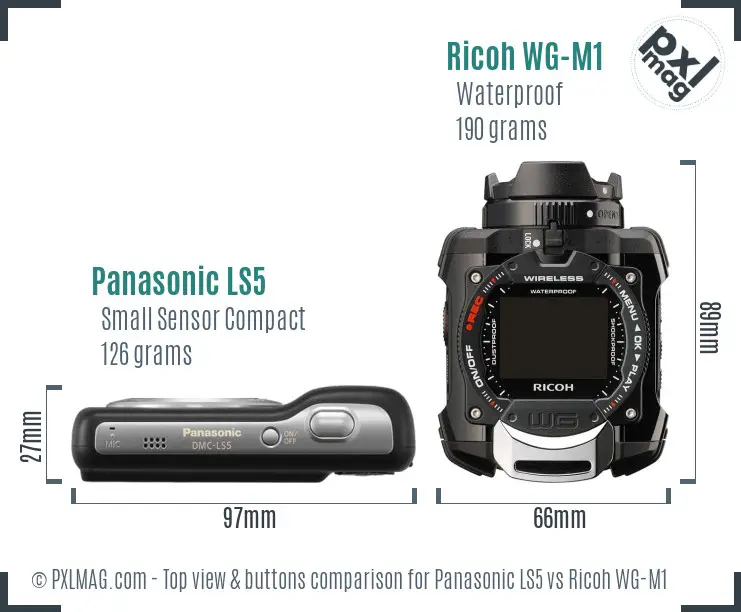 Panasonic LS5 vs Ricoh WG-M1 top view buttons comparison Panasonic LS5 vs Ricoh WG-M1 top view buttons comparison