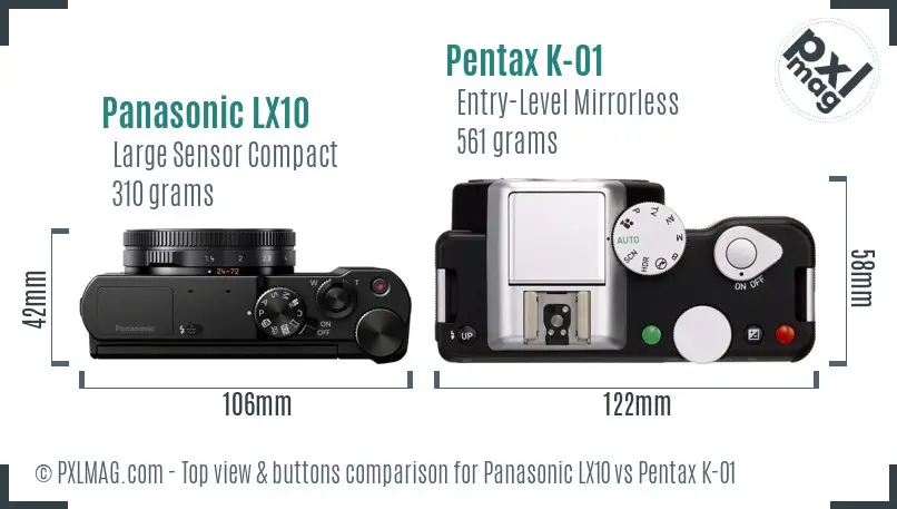 Panasonic LX10 vs Pentax K-01 top view buttons comparison