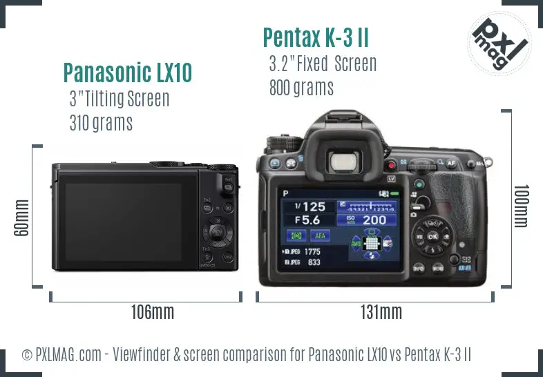 Panasonic LX10 vs Pentax K-3 II Screen and Viewfinder comparison