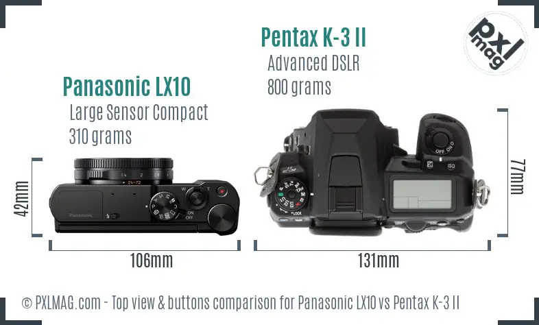 Panasonic LX10 vs Pentax K-3 II top view buttons comparison