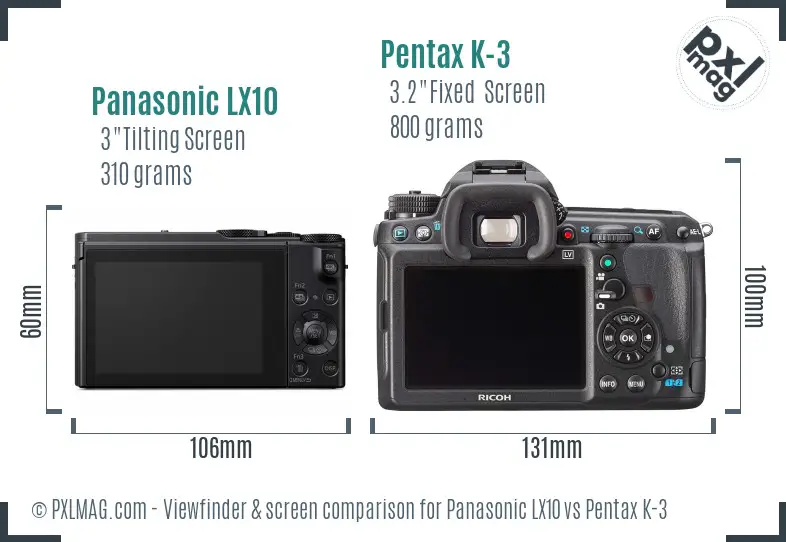 Panasonic LX10 vs Pentax K-3 Screen and Viewfinder comparison