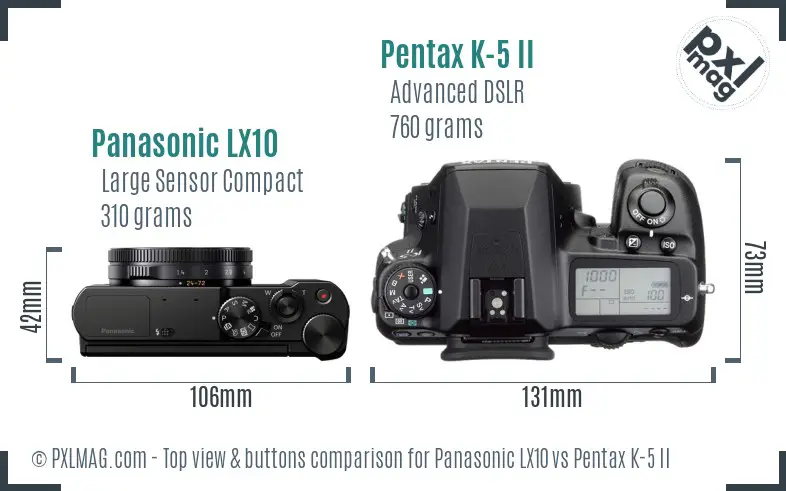 Panasonic LX10 vs Pentax K-5 II top view buttons comparison