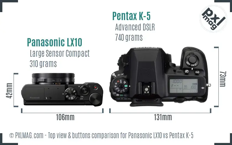 Panasonic LX10 vs Pentax K-5 top view buttons comparison