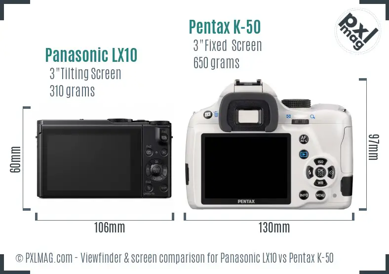 Panasonic LX10 vs Pentax K-50 Screen and Viewfinder comparison