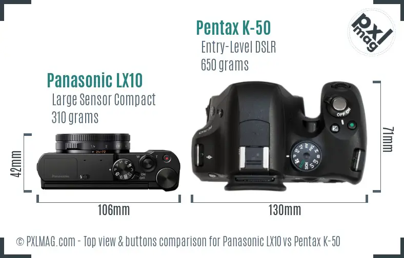 Panasonic LX10 vs Pentax K-50 top view buttons comparison