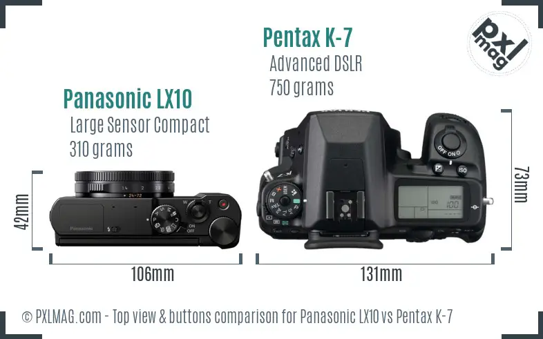 Panasonic LX10 vs Pentax K-7 top view buttons comparison