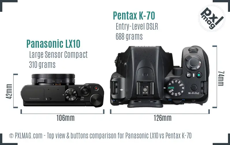Panasonic LX10 vs Pentax K-70 top view buttons comparison