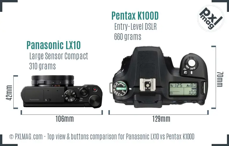Panasonic LX10 vs Pentax K100D top view buttons comparison