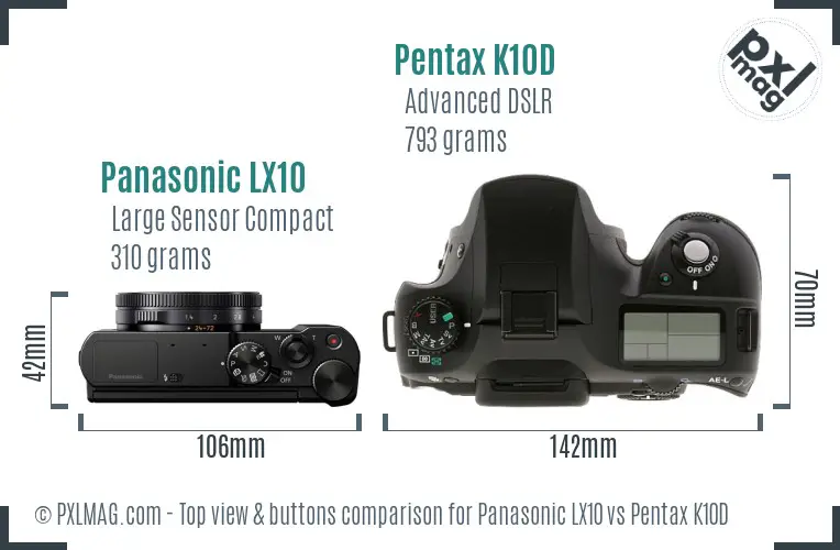 Panasonic LX10 vs Pentax K10D top view buttons comparison