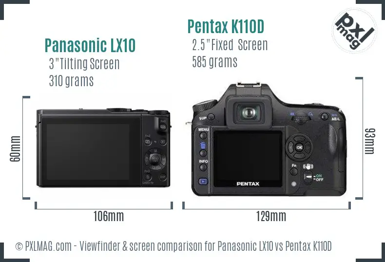 Panasonic LX10 vs Pentax K110D Screen and Viewfinder comparison