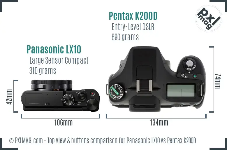 Panasonic LX10 vs Pentax K200D top view buttons comparison