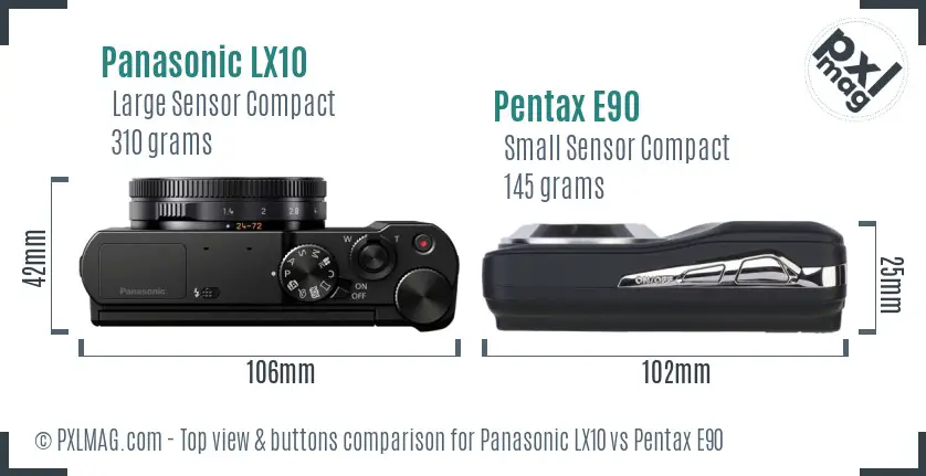 Panasonic LX10 vs Pentax E90 top view buttons comparison