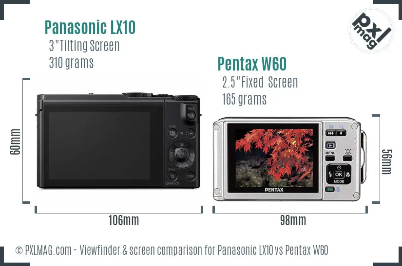 Panasonic LX10 vs Pentax W60 Screen and Viewfinder comparison