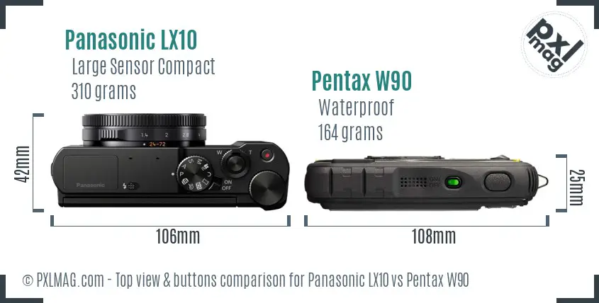 Panasonic LX10 vs Pentax W90 top view buttons comparison