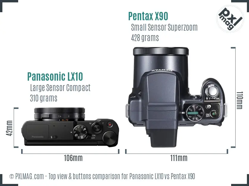 Panasonic LX10 vs Pentax X90 top view buttons comparison