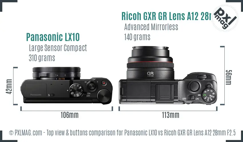 Panasonic LX10 vs Ricoh GXR GR Lens A12 28mm F2.5 top view buttons comparison