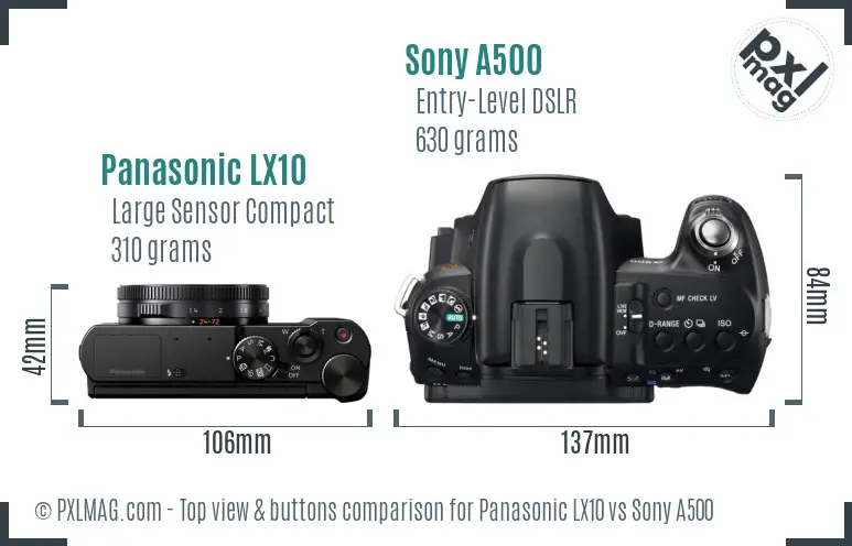 Panasonic LX10 vs Sony A500 top view buttons comparison Panasonic LX10 vs Sony A500 top view buttons comparison