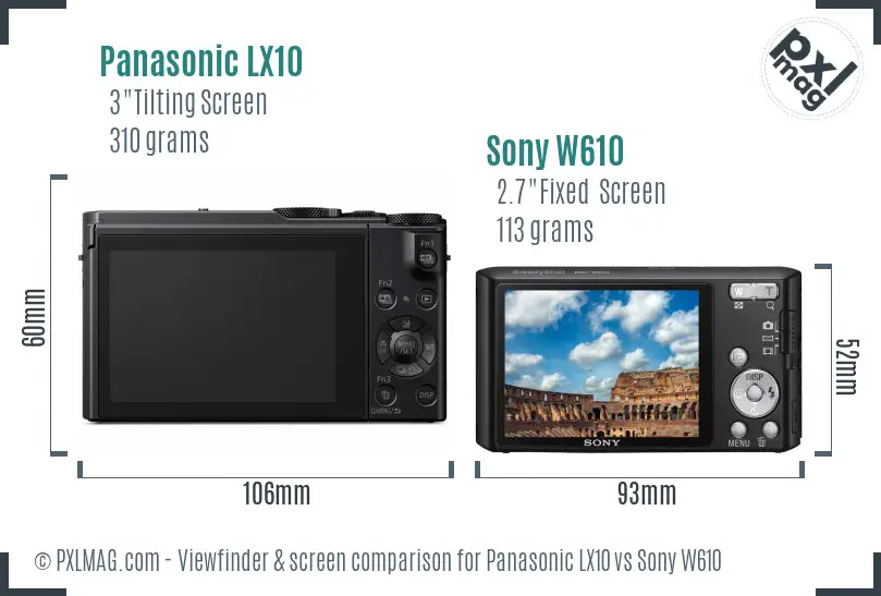 Panasonic LX10 vs Sony W610 Screen and Viewfinder comparison