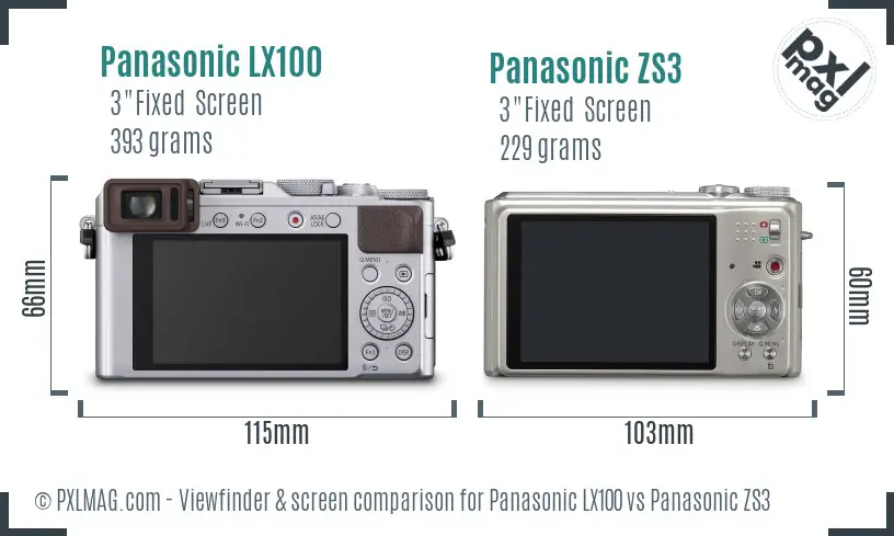Panasonic LX100 vs Panasonic ZS3 Screen and Viewfinder comparison