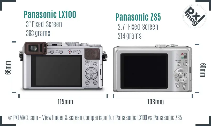 Panasonic LX100 vs Panasonic ZS5 Screen and Viewfinder comparison
