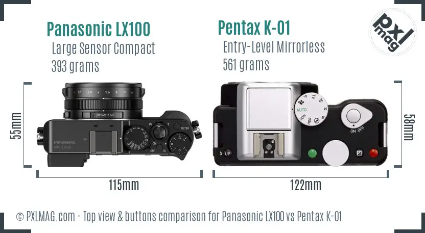 Panasonic LX100 vs Pentax K-01 top view buttons comparison