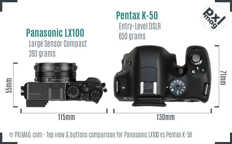 Panasonic LX100 vs Pentax K-50 top view buttons comparison