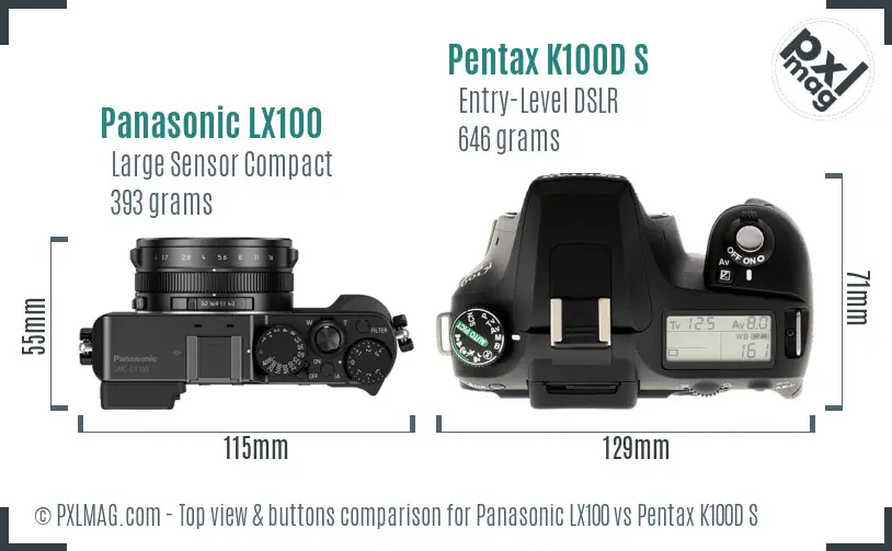 Panasonic LX100 vs Pentax K100D S top view buttons comparison