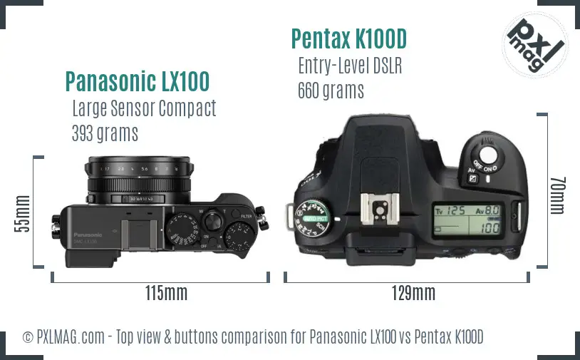 Panasonic LX100 vs Pentax K100D top view buttons comparison
