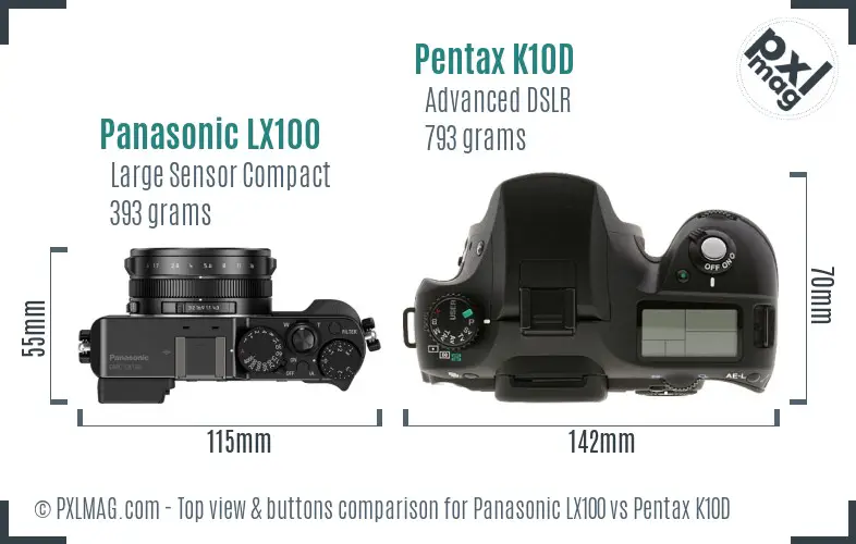Panasonic LX100 vs Pentax K10D top view buttons comparison