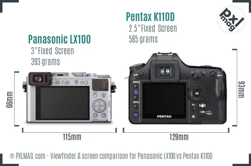 Panasonic LX100 vs Pentax K110D Screen and Viewfinder comparison