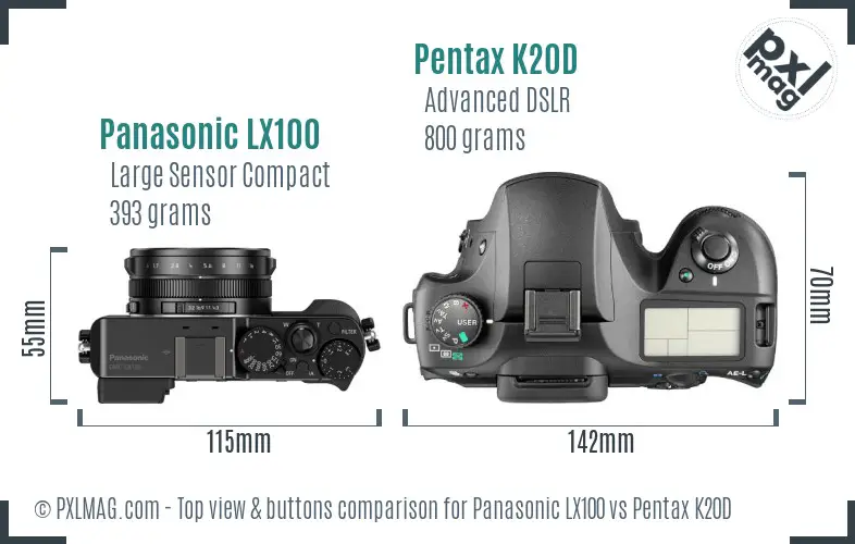 Panasonic LX100 vs Pentax K20D top view buttons comparison