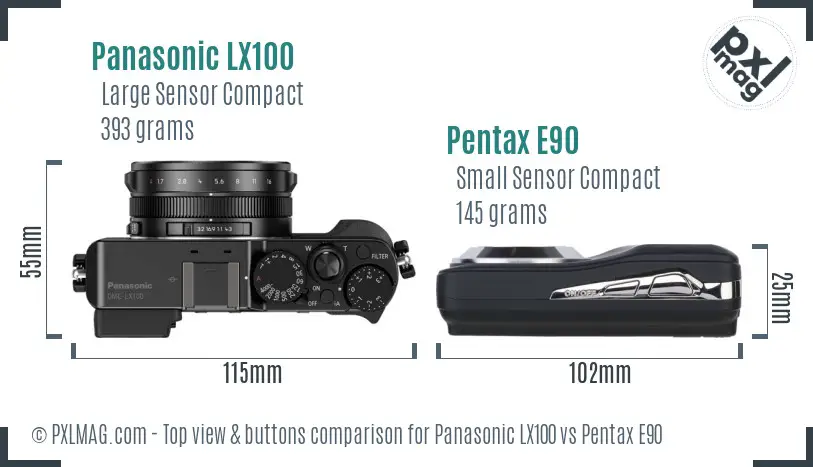 Panasonic LX100 vs Pentax E90 top view buttons comparison