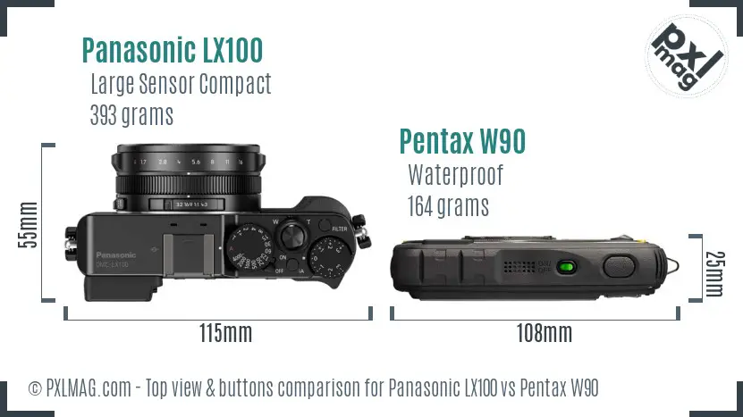 Panasonic LX100 vs Pentax W90 top view buttons comparison