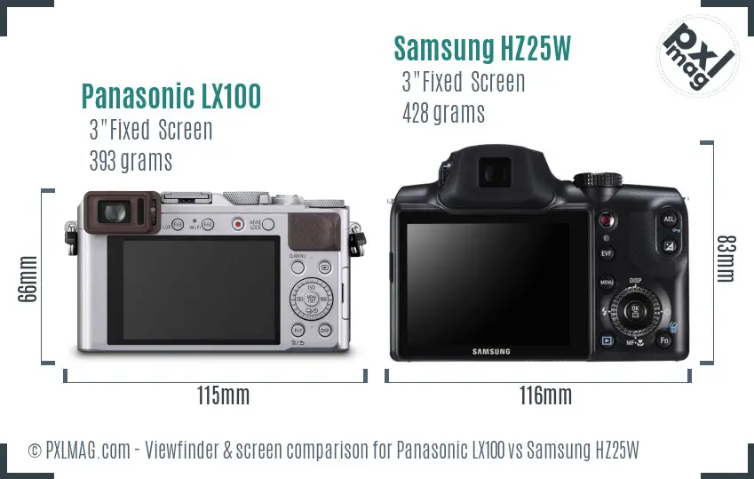 Panasonic LX100 vs Samsung HZ25W Screen and Viewfinder comparison