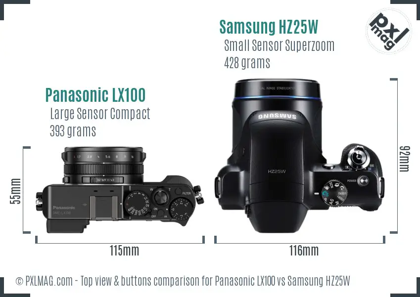 Panasonic LX100 vs Samsung HZ25W top view buttons comparison