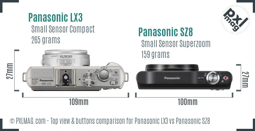 Panasonic LX3 vs Panasonic SZ8 top view buttons comparison