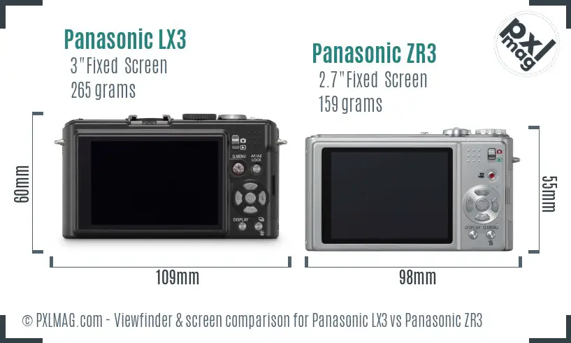 Panasonic LX3 vs Panasonic ZR3 Screen and Viewfinder comparison