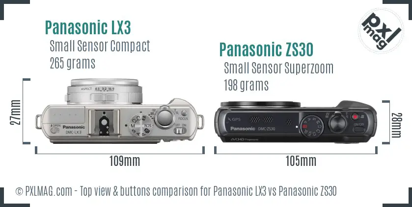 Panasonic LX3 vs Panasonic ZS30 top view buttons comparison