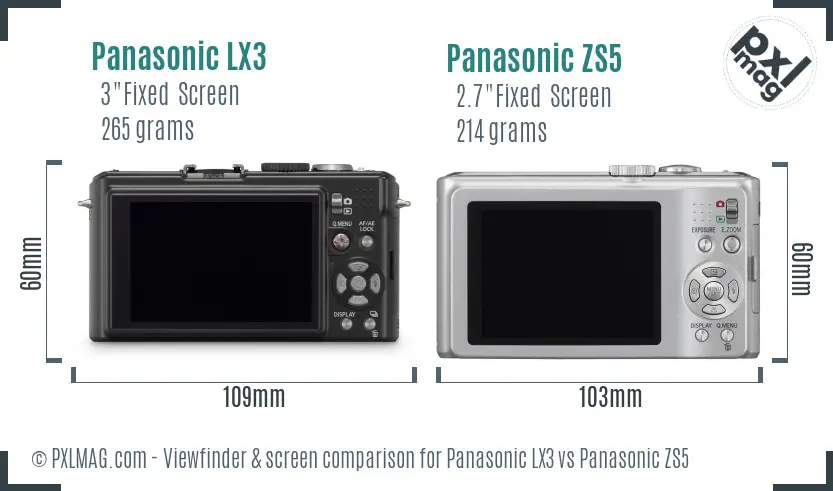 Panasonic LX3 vs Panasonic ZS5 Screen and Viewfinder comparison