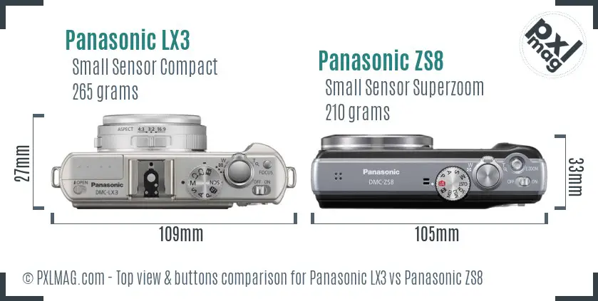 Panasonic LX3 vs Panasonic ZS8 top view buttons comparison