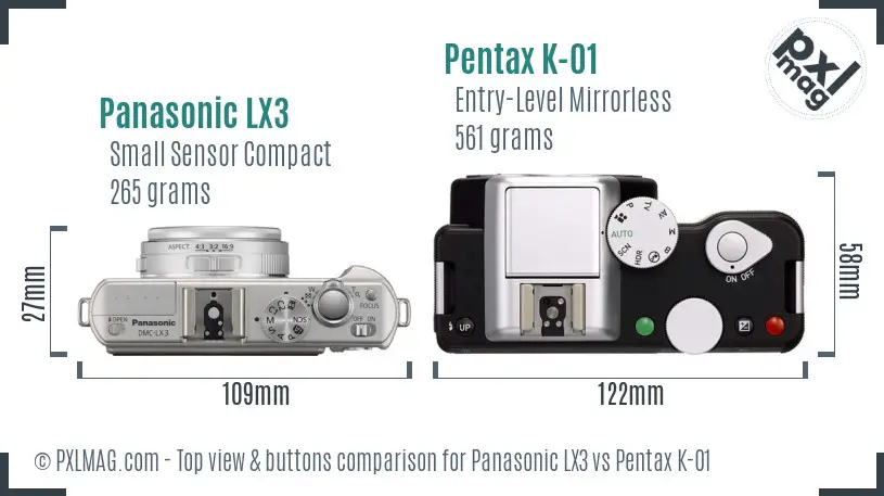 Panasonic LX3 vs Pentax K-01 top view buttons comparison