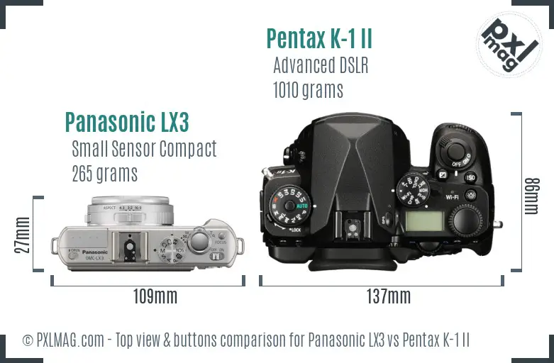 Panasonic LX3 vs Pentax K-1 II top view buttons comparison