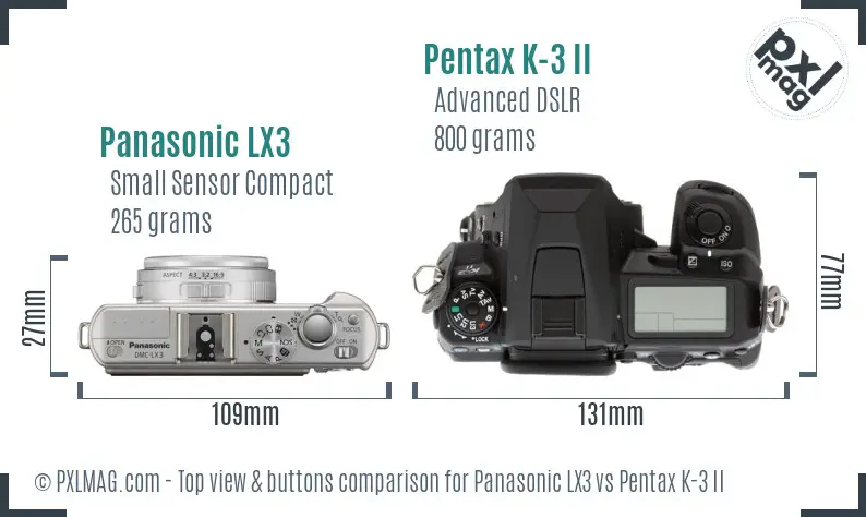 Panasonic LX3 vs Pentax K-3 II top view buttons comparison