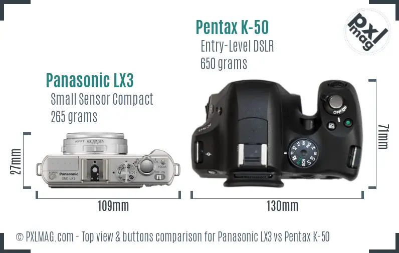 Panasonic LX3 vs Pentax K-50 top view buttons comparison