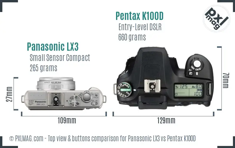 Panasonic LX3 vs Pentax K100D top view buttons comparison